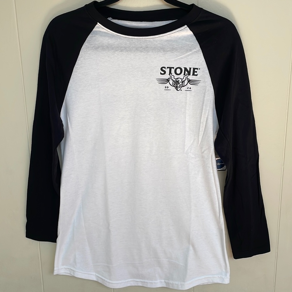Stone Brewing black and white baseball long sleeve tee shirt